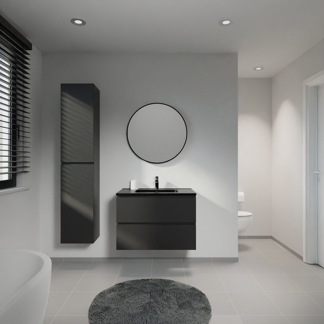 Linie Lado zwevend badmeubel 80 x 46 cm mat zwart met Vano enkele wastafel in composietmarmer mat zwart