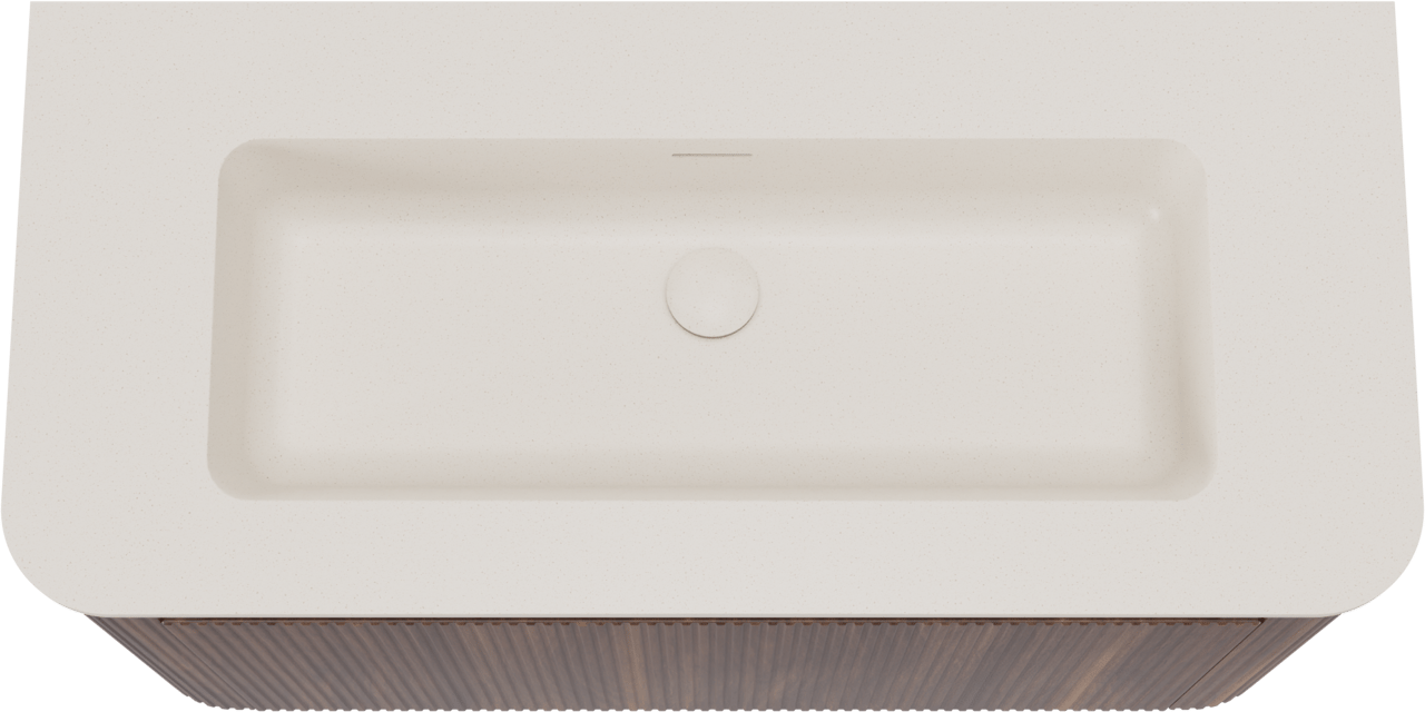 Storke Soft zwevend badkamermeubel 100 x 46 cm notelaar met Mata Soft enkele wastafel in solid surface beige granita, Verticale symmetrische rechte ribbel