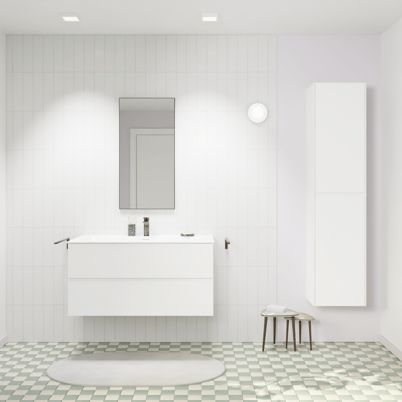 Storke Edge hängendes Möbelstück Set: 105 x 52 cm, Weiß matt, mit Mata Einzelwaschtisch für 2 Armaturenlöcher, Solid Surface Weiß matt