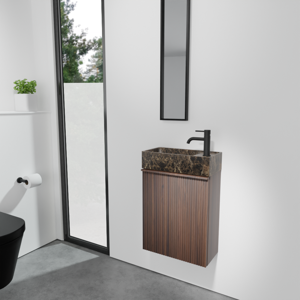 Balmani Forma hängendes Badmöbel Set (Gäste WC): 42 x 21 cm, amerikanischer Nussbaum, Dama Waschtisch, Dark Emperador Marmor