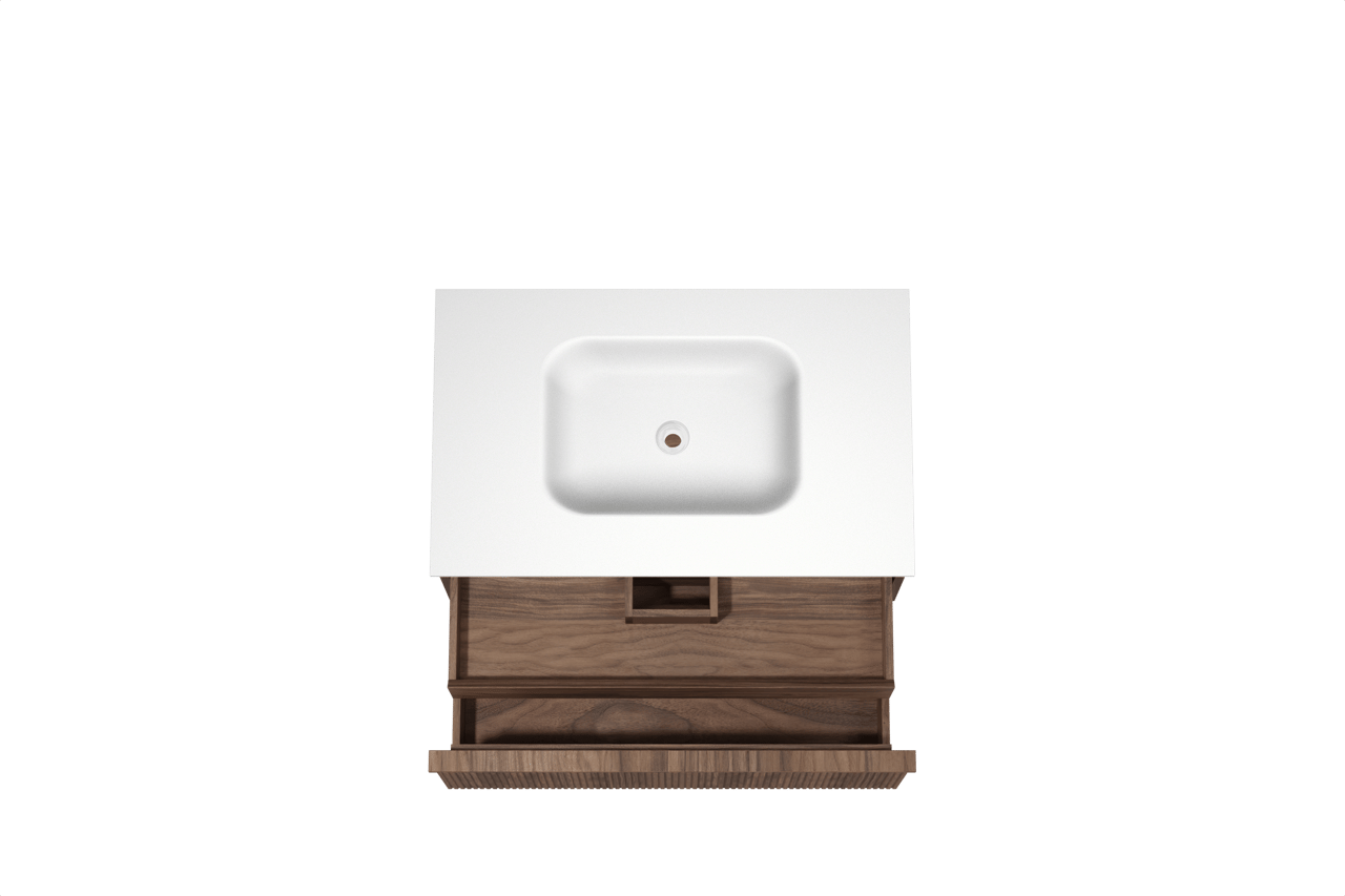 Balmani Forma hängendes Möbelstück Set: 90 x 55 cm, Amerikanischer Nussbaum, mit Tablo Arcato Einzelwaschtisch, Solid Surface, Weiß matt, Vertikale symmetrische gerade Rippe