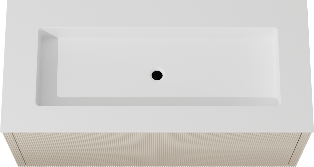 Balmani Eclips meuble salle de bains suspendu 120 x 55 cm Sandbeige avec Tablo Stretto plan simple pour 2 trous de robinet en Solid Surface blanc mat, Nervure droite symétrique verticale