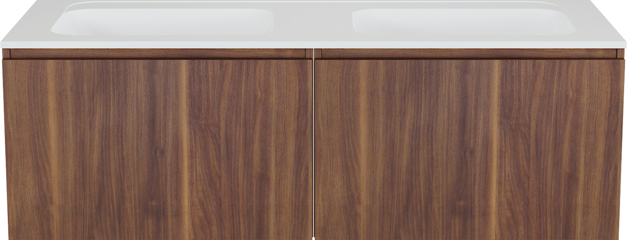 Balmani Sfera zwevend badkamermeubel 150 x 55 cm amerikaanse notelaar met Tablo Strada dubbele wastafel in composietmarmer glanzend wit