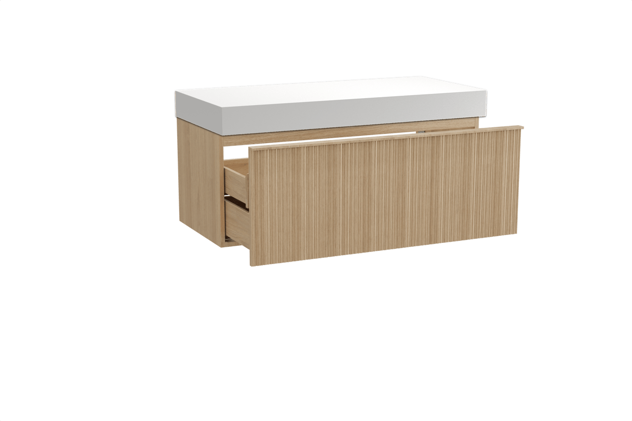 Balmani Forma meuble salle de bains suspendu 120 x 55 cm chêne naturel avec Dominus tablette simple ou double en solid surface blanc mat, Nervure circulaire asymétrique verticale