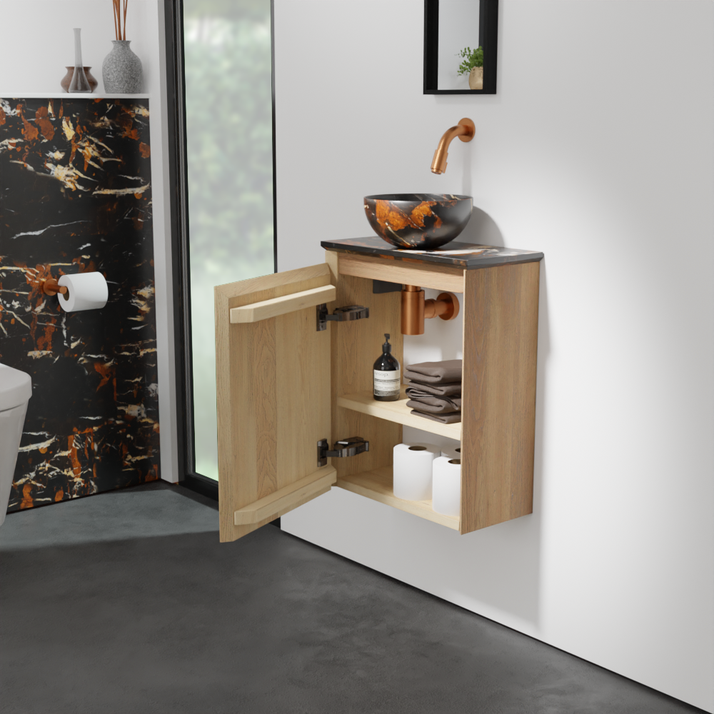 Balmani Mitra meuble wc suspendu 42 x 21 cm chêne naturel avec Facetta tablette et Bari XS vaque à poser en marbre Portoro Gold