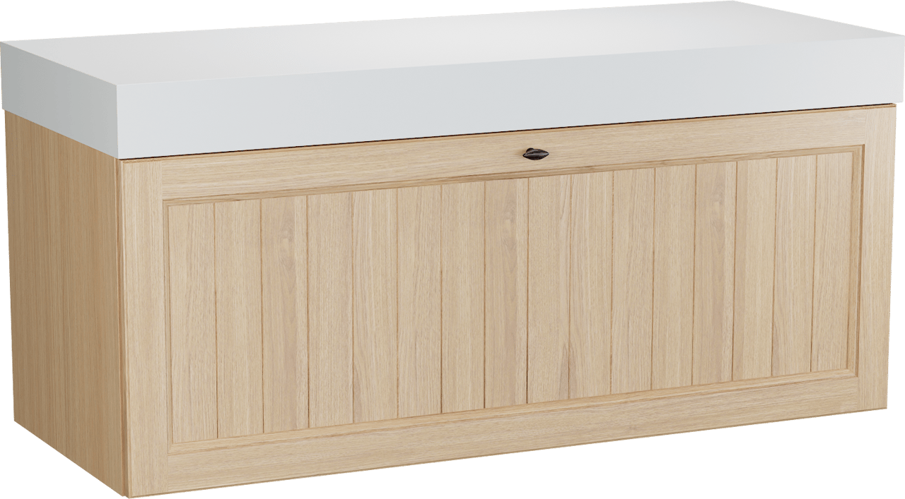 Balmani Lemon zwevend badkamermeubel 135 x 55 cm, fineer natuur eik met Dominus enkel of dubbel tablet in mat wit