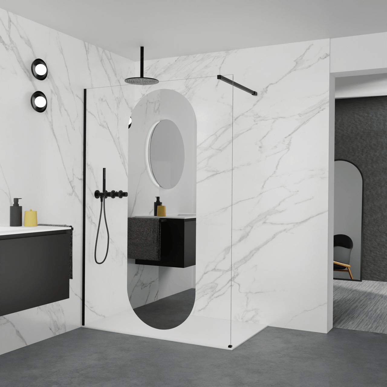 Balmani Modular inloopdouche: 140 x 200 cm, Reflex ovaal spiegelglas, Mat zwarte profielen