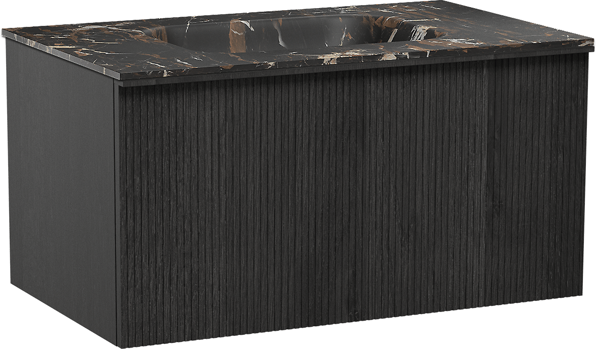 Balmani Forma zwevend badkamermeubel 90 x 55 cm zwarte eik met Tablo Arcato enkele wastafel in marmer portoro gold, Verticale symmetrische rechte ribbel