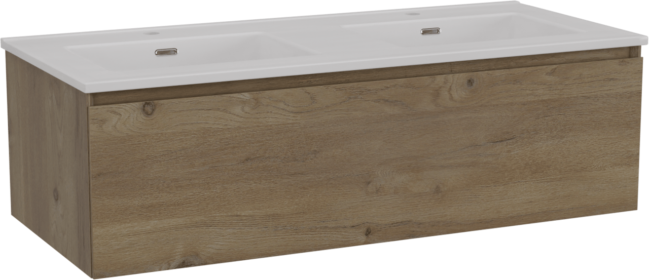 Storke Edge hängendes Möbelstück Set: 120 x 52 cm, Raue Eiche, mit Kera Doppelwaschtisch, Keramik Weiß glänzend