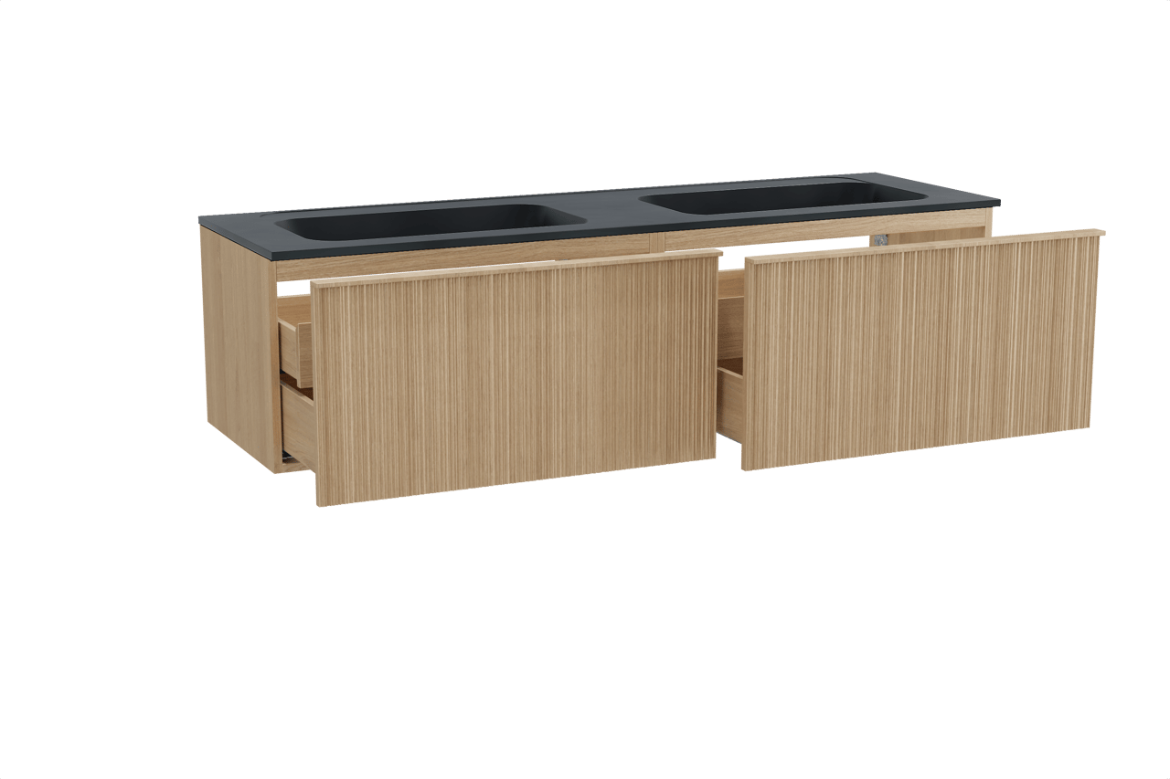 Balmani Forma hängendes Möbelstück Set: 180 x 55 cm, Naturbelassene Eiche, mit Tablo Strada Doppelwaschtisch, Marmorkomposit, Schwarz matt, Vertikale asymmetrische Runde Rippe