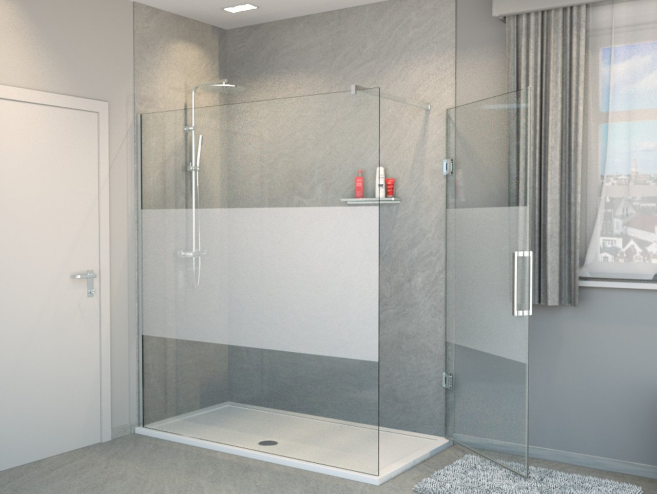 Balmani Modular douche de plain-pied avec porte droite 180 x 200 cm verre transparent avec bande matte profil chrome brillant
