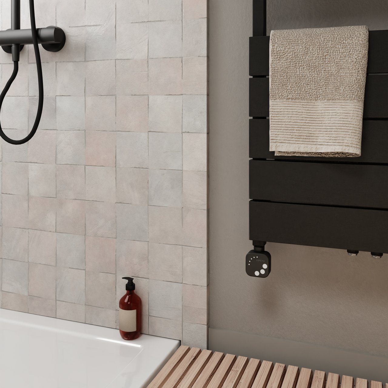 Vipera Teide enkele handdoekradiator 50 x 180 cm elektrische verwarming mat zwart zij- en middenaansluiting 800W, weerstand inbegrepen