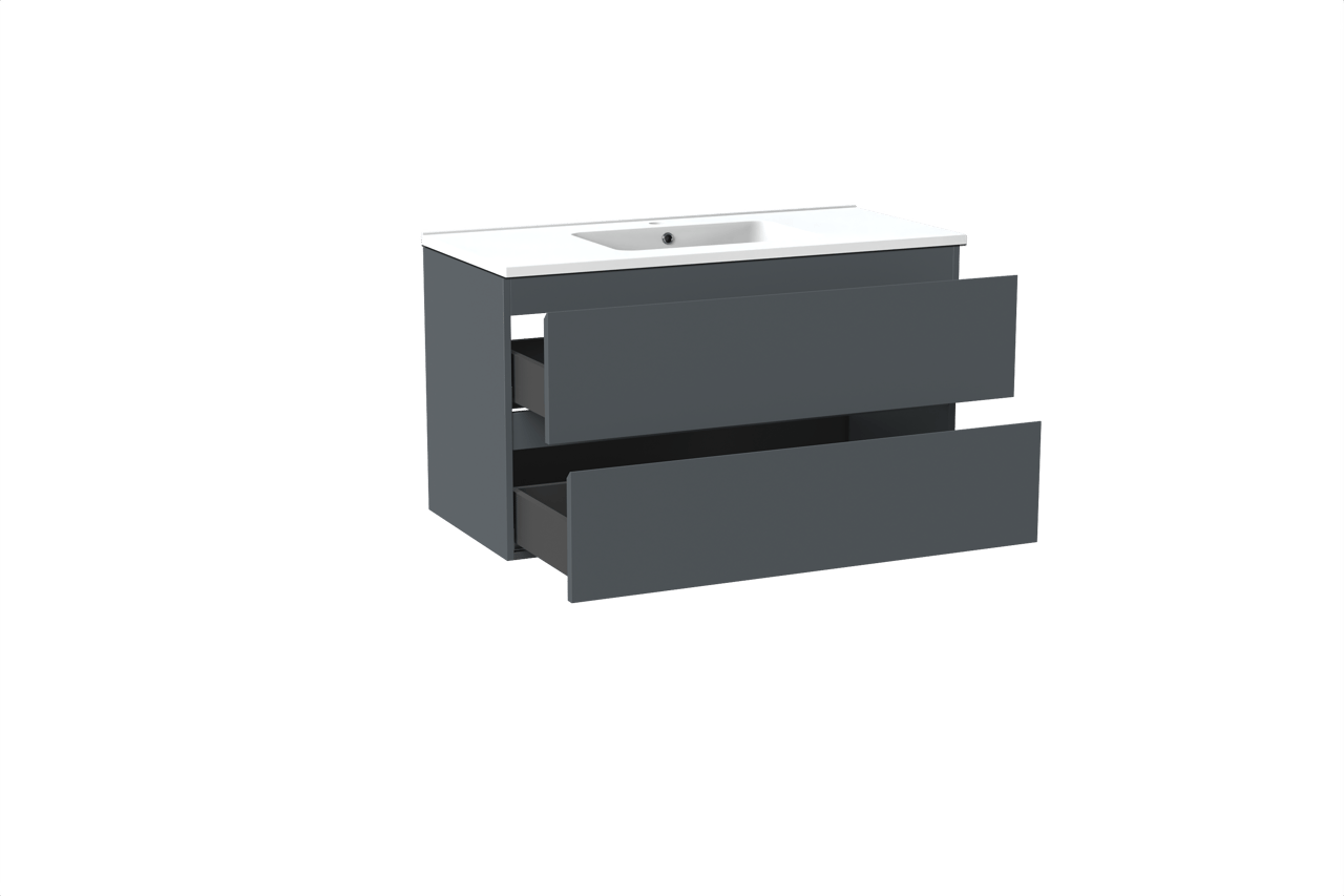 Linie Lado hängendes Möbelstück Set: 100 x 46 cm, Anthrazitblau, mit Vano Einzelwaschtisch, Marmorkomposit Weiß matt