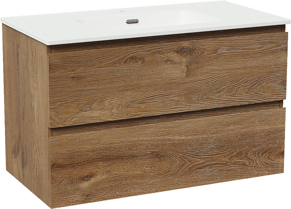 Linie Lado zwevend badmeubel 90 x 46 cm bruin eiken met Baro enkele wastafel in porselein mat wit