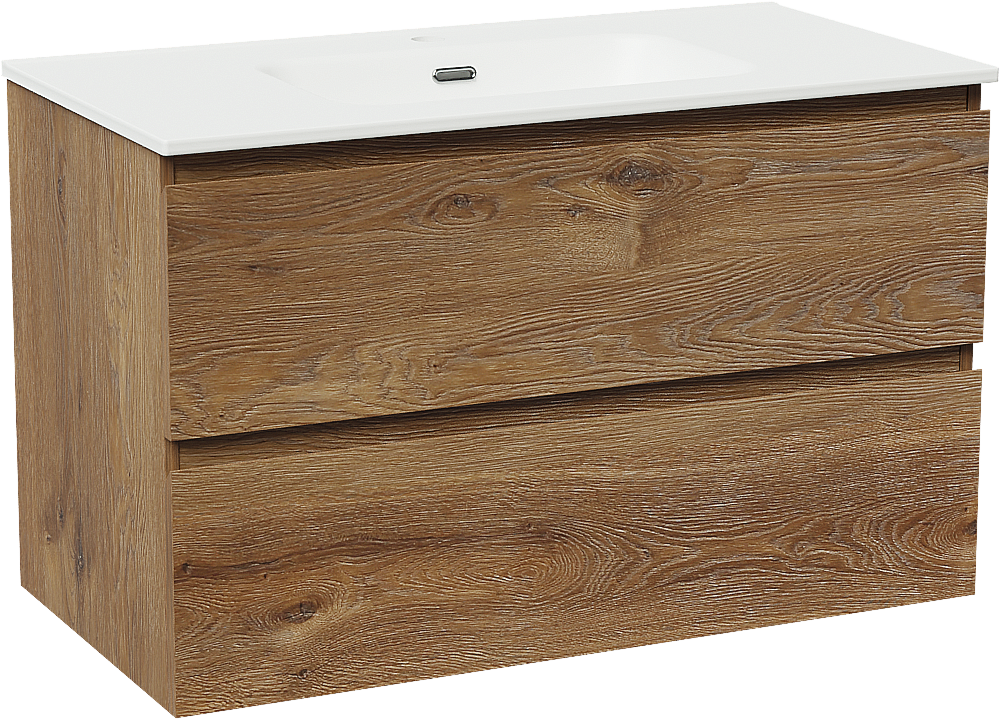 Linie Lado zwevend badkamermeubel 90 x 46 cm bruine eik met Baro enkele wastafel in porselein mat wit
