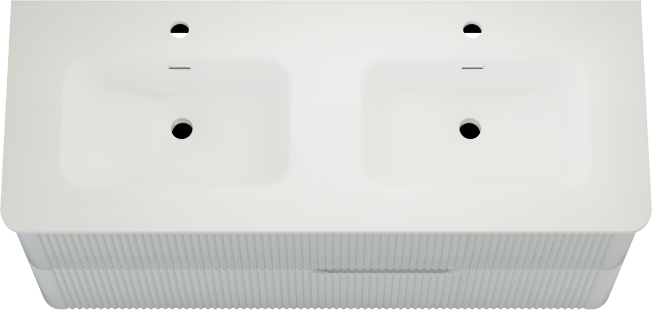 Linie Curvo zwevend badkamermeubel 120 x 46 cm glanzend wit met Baro Curvo dubbele wastafel in porselein glanzend wit, Verticale symmetrische ronde ribbel