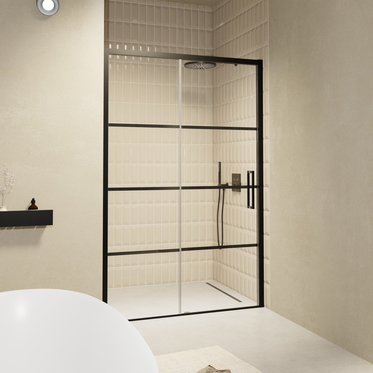 Balmani Senses Design Dusche Schiebetür, Links, 120 cm x 210 cm, Lined Glas, Profil Schwarz, inklusive Coating