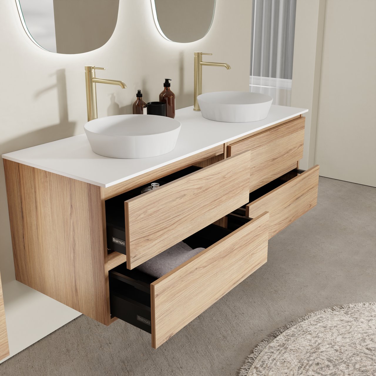 Balmani Lucida meuble salle de bains suspendu 150 x 55 cm teck avec Stretto tablette simple ou double en solid surface blanc mat