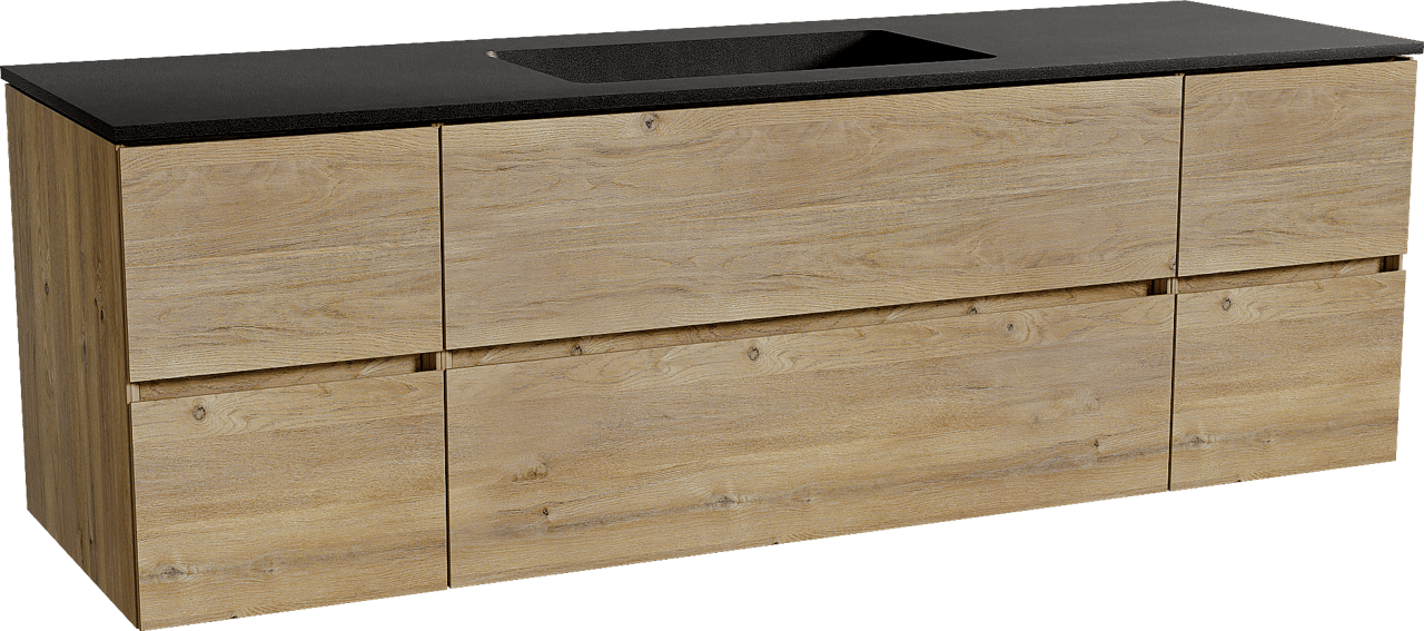 Storke Edge zwevend badmeubel 165 x 52 cm ruw eiken met Scuro enkele wastafel in kwarts mat zwart