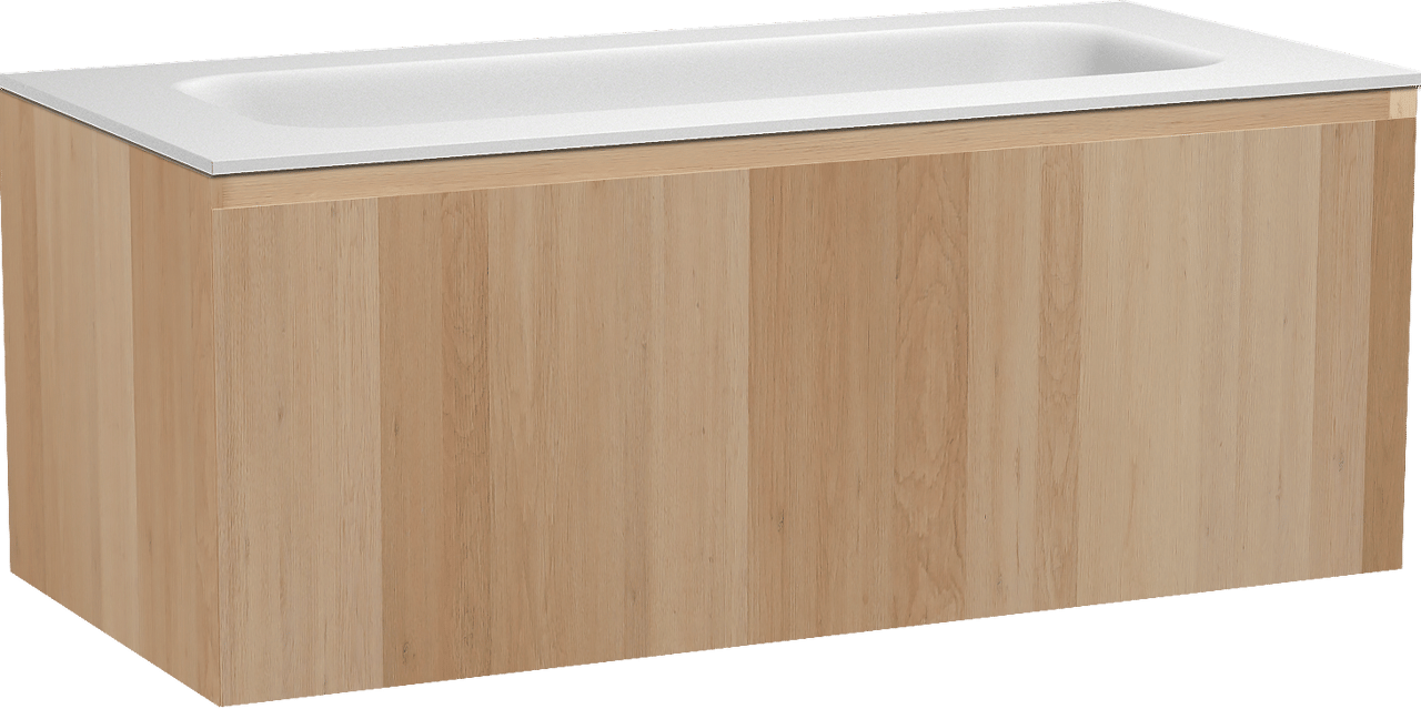 Balmani Idra hängendes Möbelstück Set: 120 x 55 cm, Naturbelassene Eiche, mit Tablo Arcato Einzelwaschtisch für 2 Armaturenlöcher, Solid Surface Weiß matt