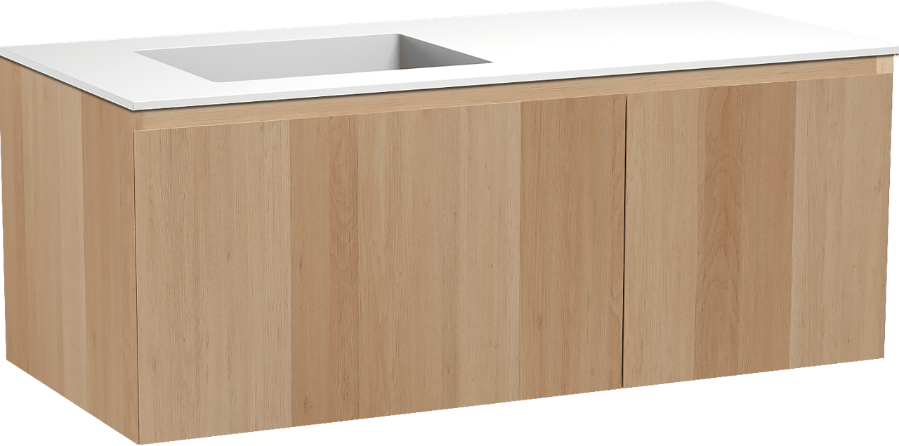 Balmani Idra meuble salle de bains suspendu 120 x 55 cm chêne naturel avec Tablo Stretto vasque asymétrique gauche en solid surface blanc mat