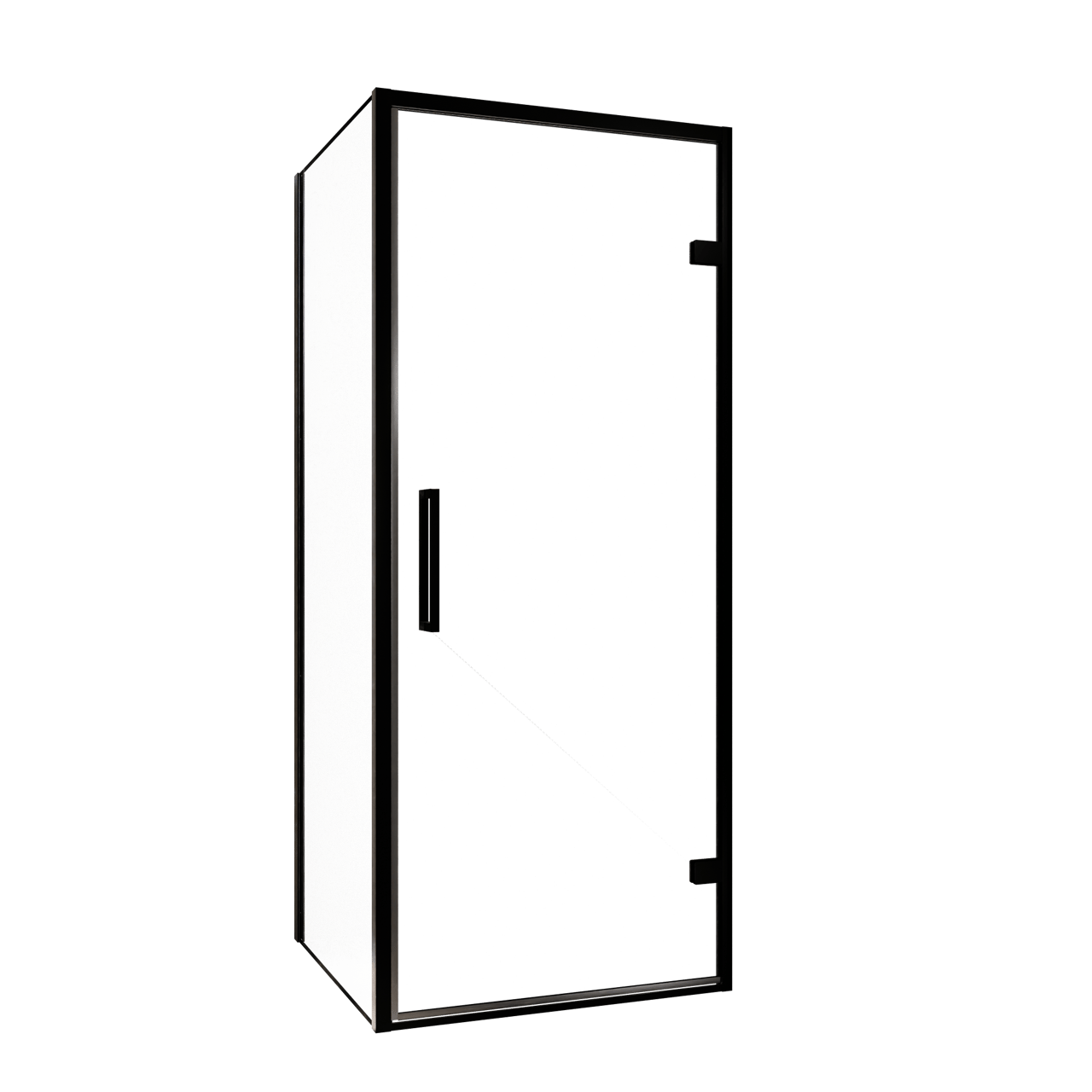 Balmani Senses Design douche en coin avec porte pivotante à droite et paroi latérale fixe, 90 x 80 cm, Verre transparent, Profil noir