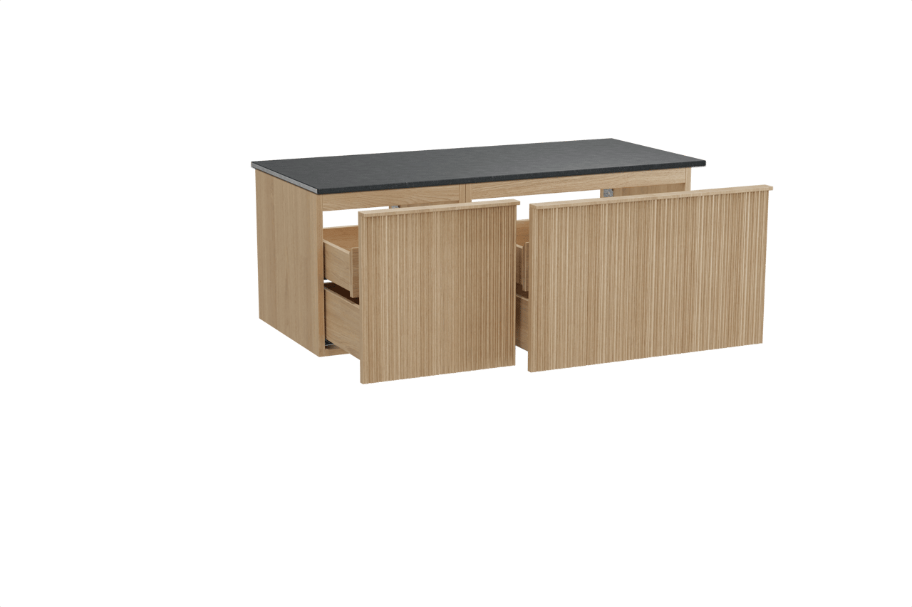 Balmani Forma zwevend badmeubel 120 x 55 cm naturel eiken met Stretto enkel wastafelblad in zwart graniet, Verticale asymmetrische ronde ribbel