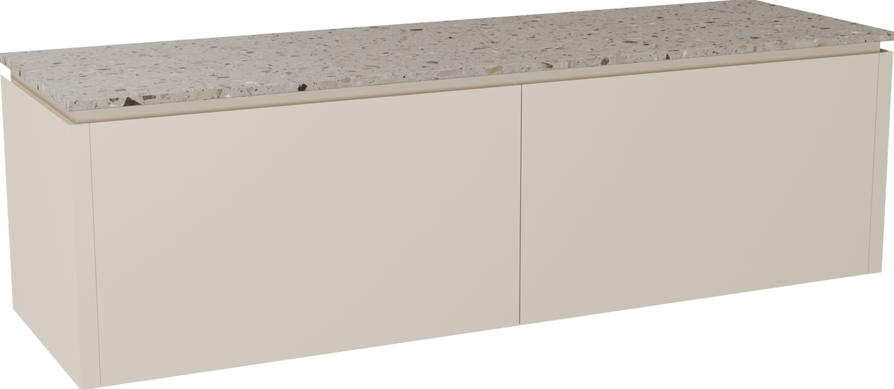 Balmani Eclips hängendes Möbelstück Set: 180 x 55 cm, Sandbeige, mit Stretto Einzel- oder Doppel Waschtischplatte Greige Terrazzo