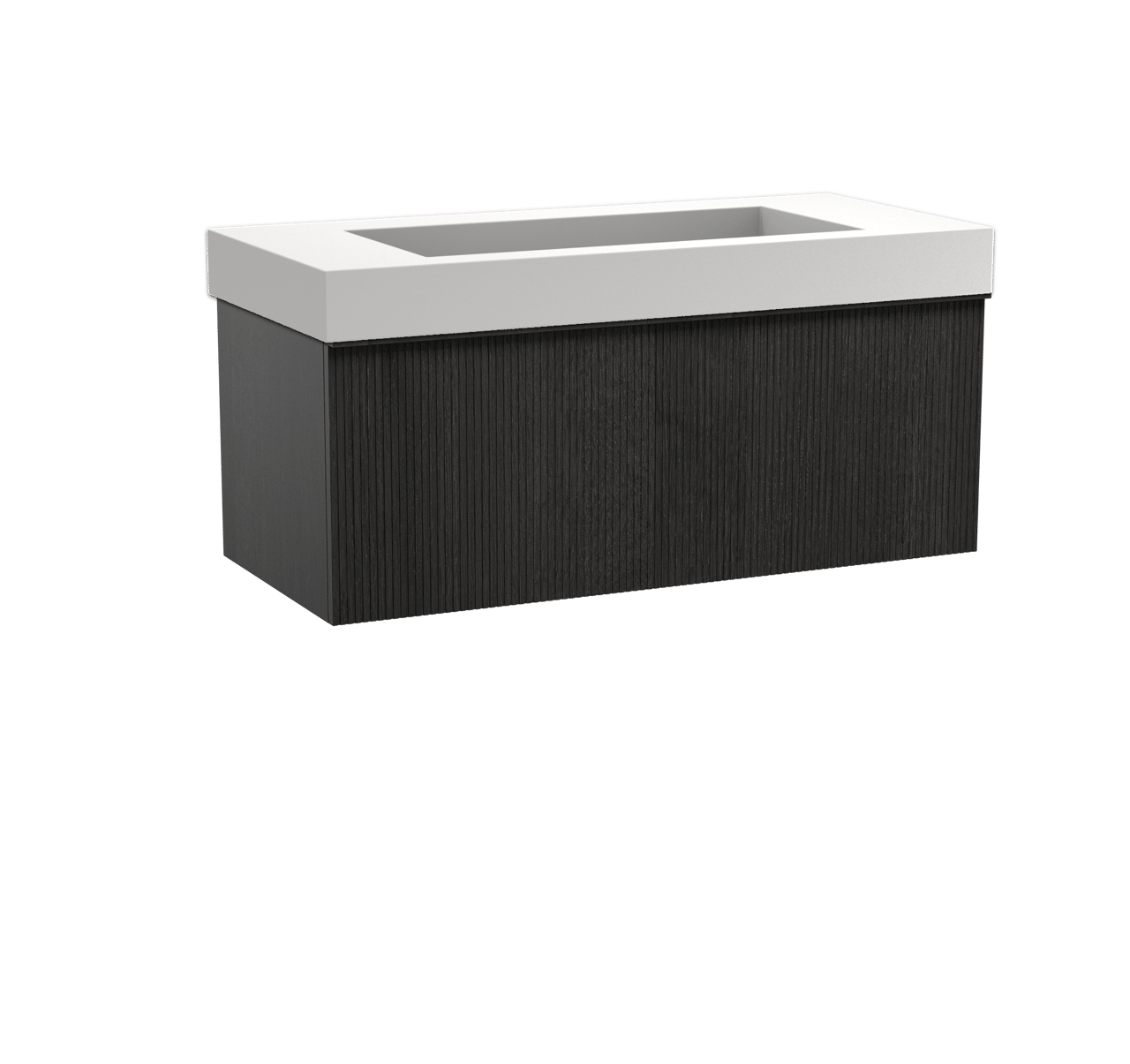 Balmani Forma hängendes Möbelstück Set: 120 x 55 cm, Schwarze Eiche, mit Modus Einzelwaschtisch für 2 Armaturenlöcher, Solid Surface, Weiß matt, Vertikale symmetrische gerade Rippe