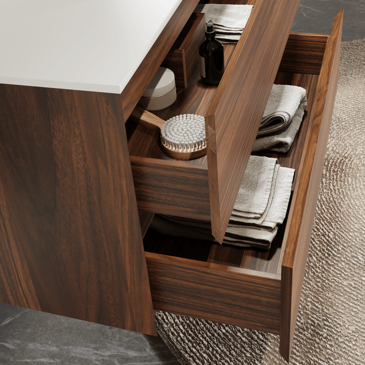 Balmani Mitra meuble salle de bains suspendu 135 x 55 cm noyer avec Stretto tablette simple ou double en solid surface blanc mat