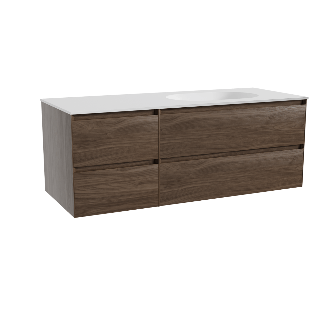 Balmani Mitra meuble salle de bains suspendu 135 x 55 cm noyer américain avec Tablo Oval plan vasque asymétrique à droite en solid surface blanc mat