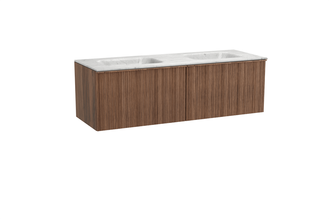 Balmani Forma hängendes Möbelstück Set: 150 x 55 cm, Amerikanischer Nussbaum, mit Tablo Arcato Doppelwaschtisch, Marmor, Carrara, Vertikale asymmetrische Runde Rippe