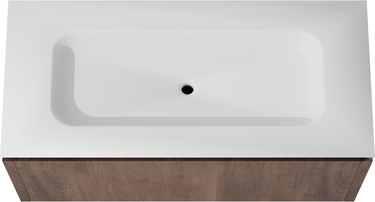 Balmani Eclips zwevend badkamermeubel 120 x 55 cm Amerikaanse notelaar met Eclips enkele wastafel in Solid Surface mat wit