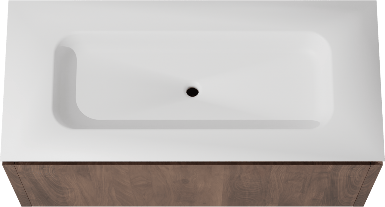 Balmani Eclips zwevend badkamermeubel 120 x 55 cm Amerikaanse notelaar met Eclips enkele wastafel in Solid Surface mat wit