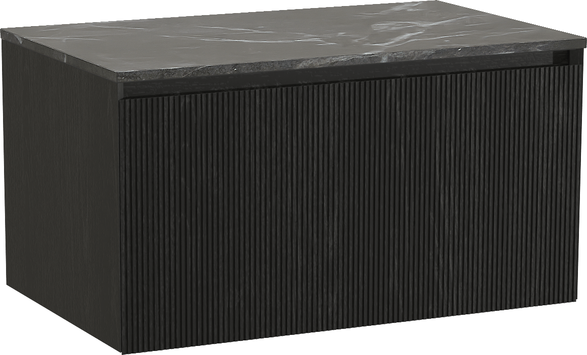 Balmani Fila by Mitra zwevend badkamermeubel 90 x 55 cm zwarte eik met Stretto enkel tablet in marmer pietra grey, Verticale symmetrische rechte ribbel
