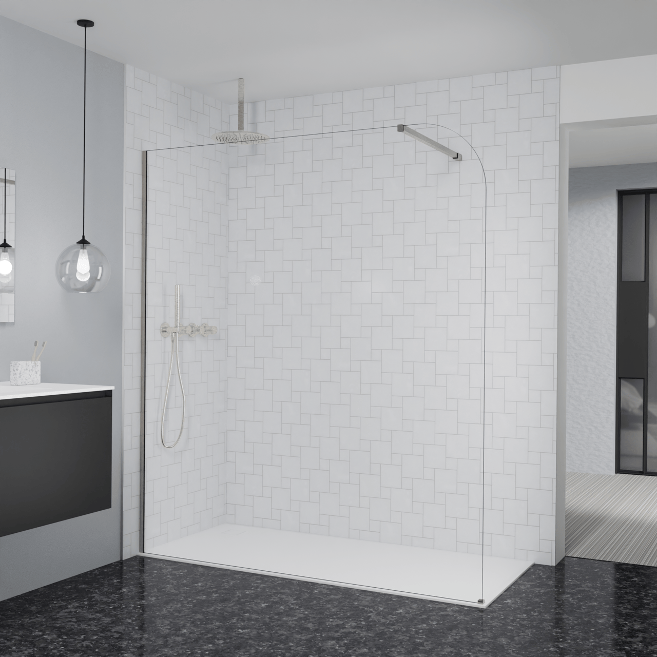 Balmani Modular douche à l'italienne: 180 x 200 cm, Verre transparent arrondi, Profil Brushed CoolMetal