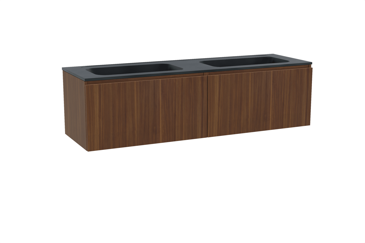 Balmani Sfera zwevend badkamermeubel 180 x 55 cm amerikaanse notelaar met Tablo Strada dubbele wastafel in composietmarmer mat zwart