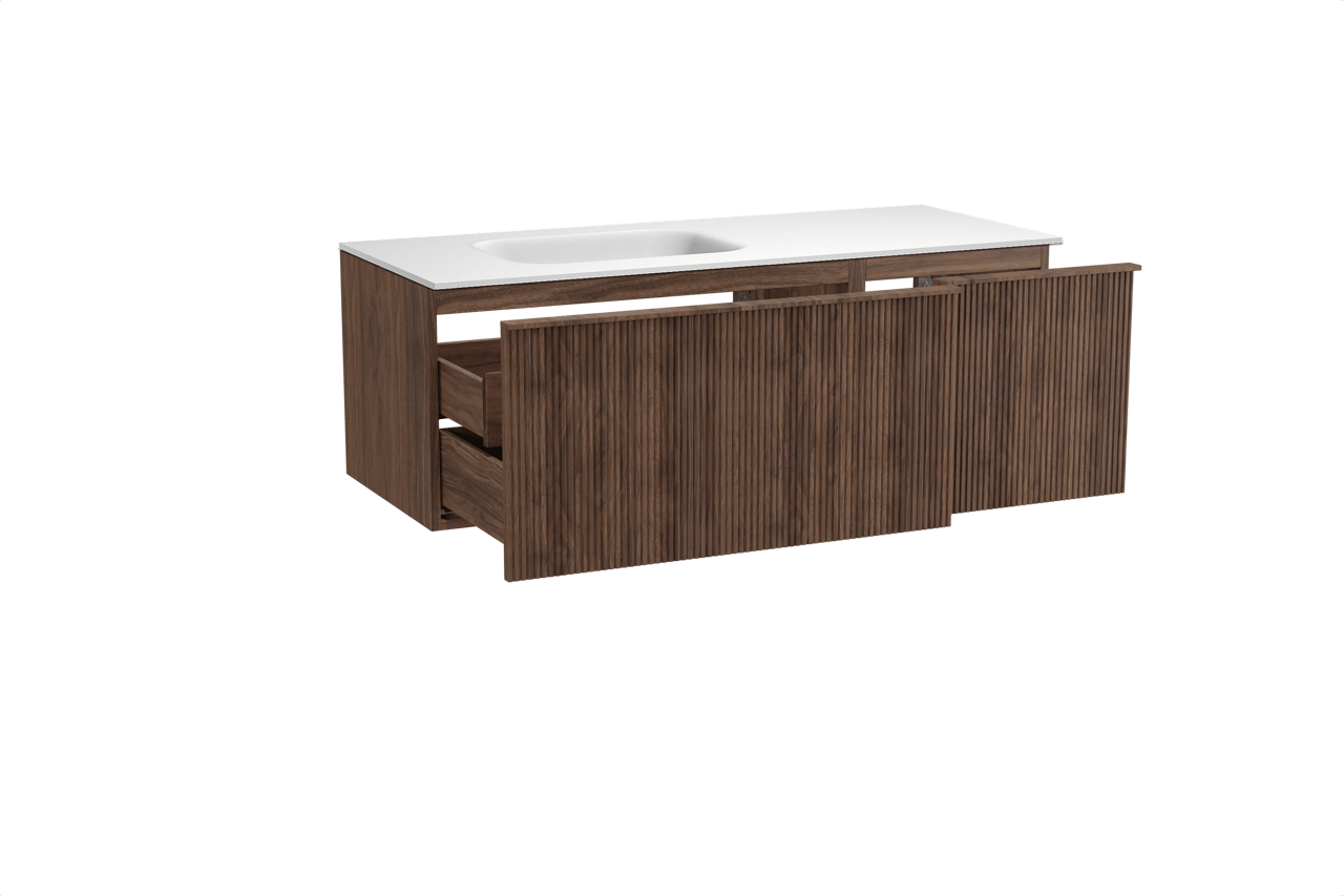 Balmani Forma hängendes Möbelstück Set: 135 x 55 cm, Amerikanischer Nussbaum, mit Tablo Arcato Waschtisch links, Solid Surface, Weiß matt, Vertikale symmetrische gerade Rippe