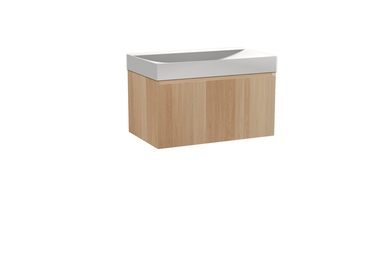 Balmani Idra hängendes Möbelstück Set: 90 x 55 cm, Naturbelassene Eiche, mit Wave Einzelwaschtisch, Solid Surface Weiß matt