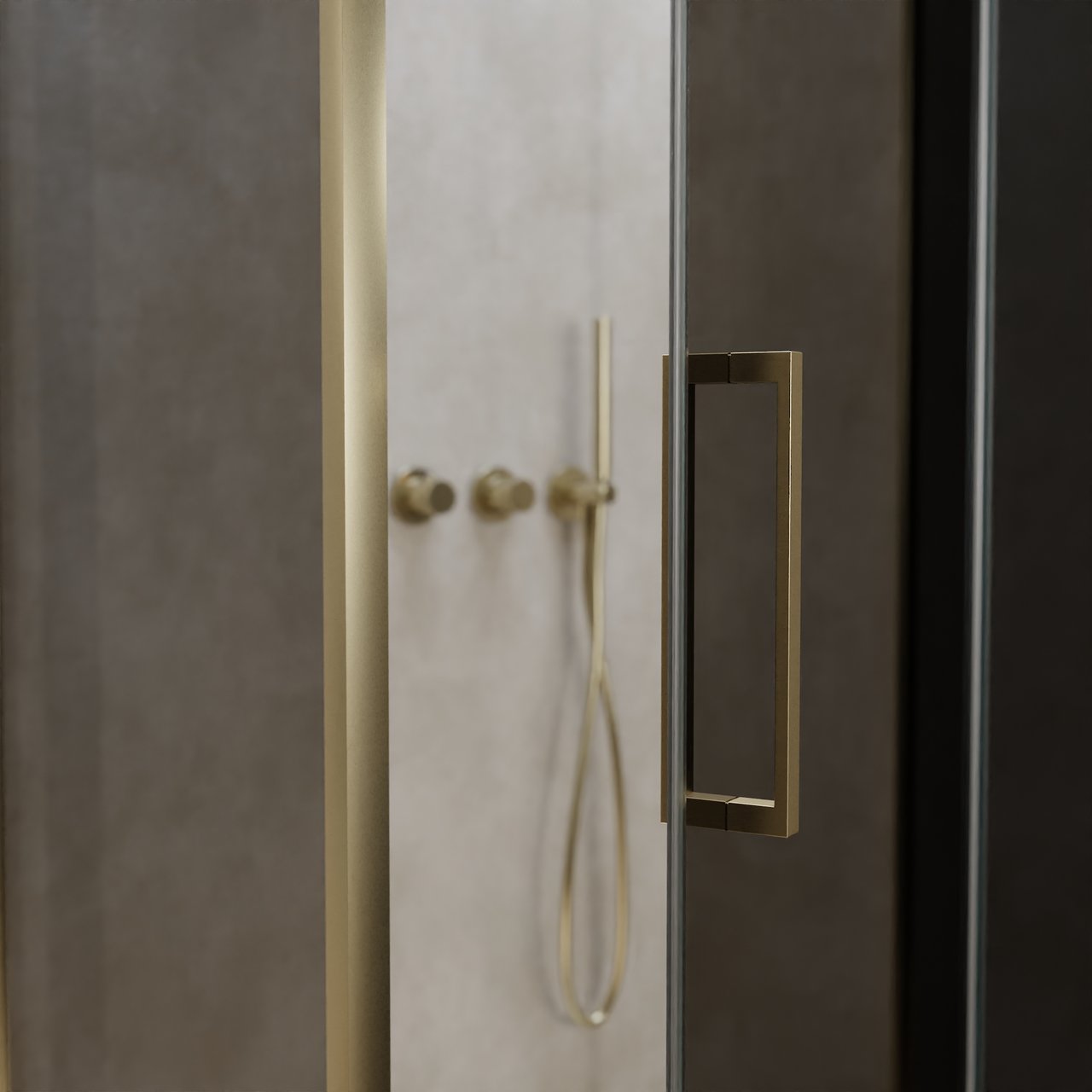 Balmani Senses Design douche en coin avec porte pivotante à droite et paroi latérale fixe, 100 x 100 cm, Verre fumé, Profil Brushed Champagne Gold, coating inclus
