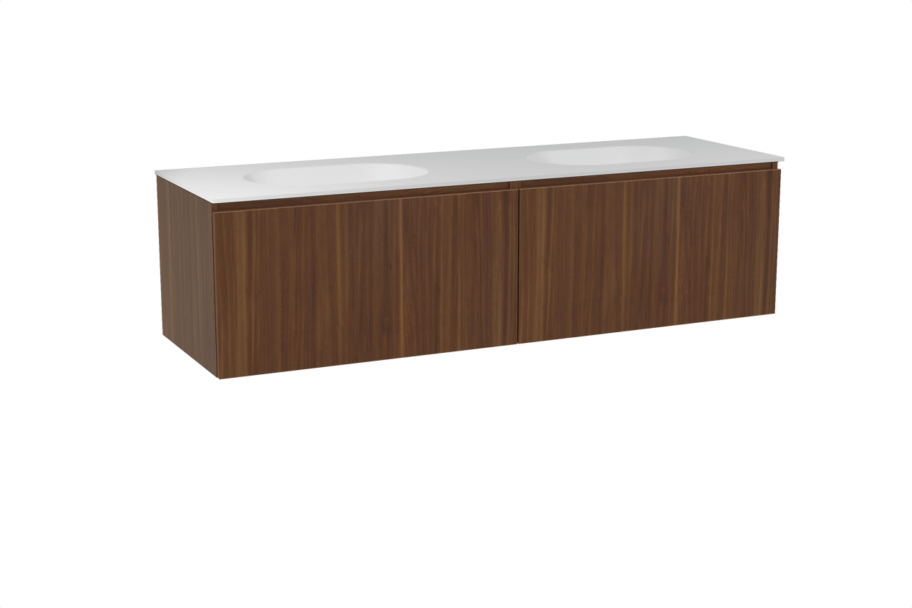 Balmani Sfera hängendes Möbelstück Set: 180 x 55 cm, Amerikanischer Nussbaum, mit Tablo Oval Doppelwaschtisch, Solid Surface Weiß matt