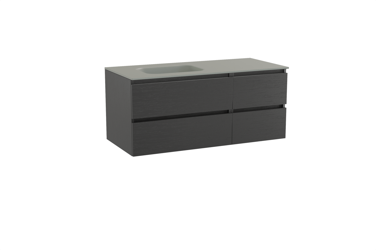 Balmani Lucida meuble salle de bains suspendu 120 x 55 cm chêne noir avec Tablo Arcato vasque asymétrique gauche en solid surface gris pierre