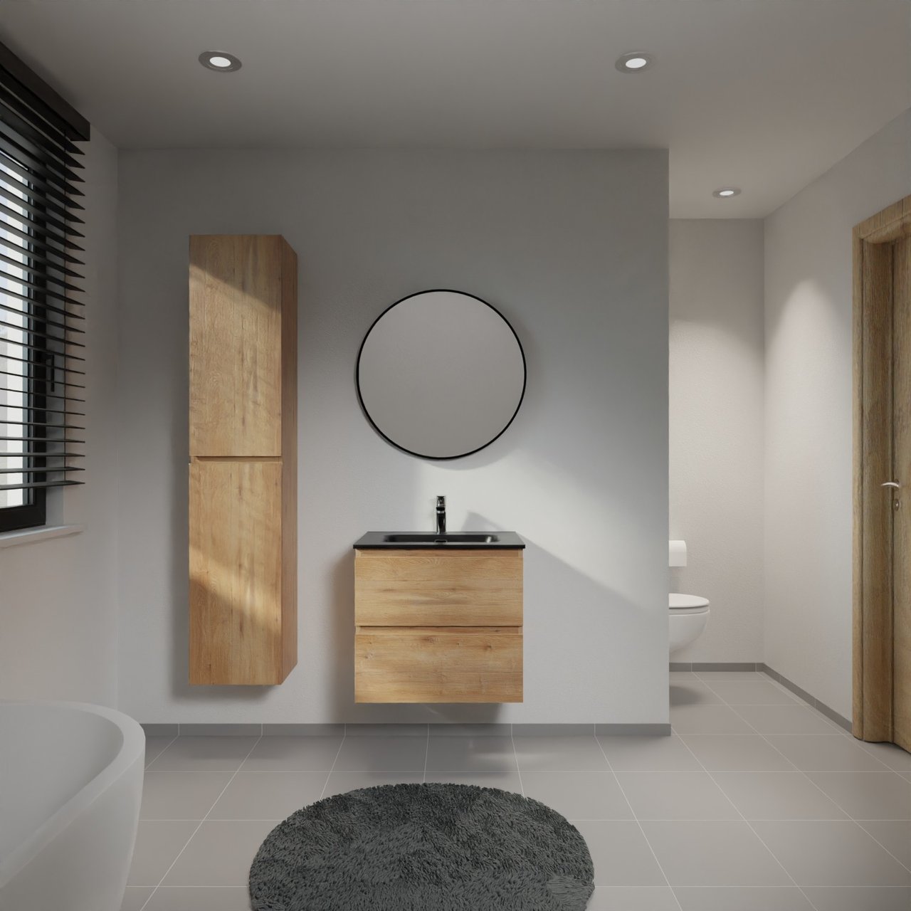 Linie Lado zwevend badmeubel 60 x 46 cm naturel eiken met Baro enkele wastafel in porselein mat zwart