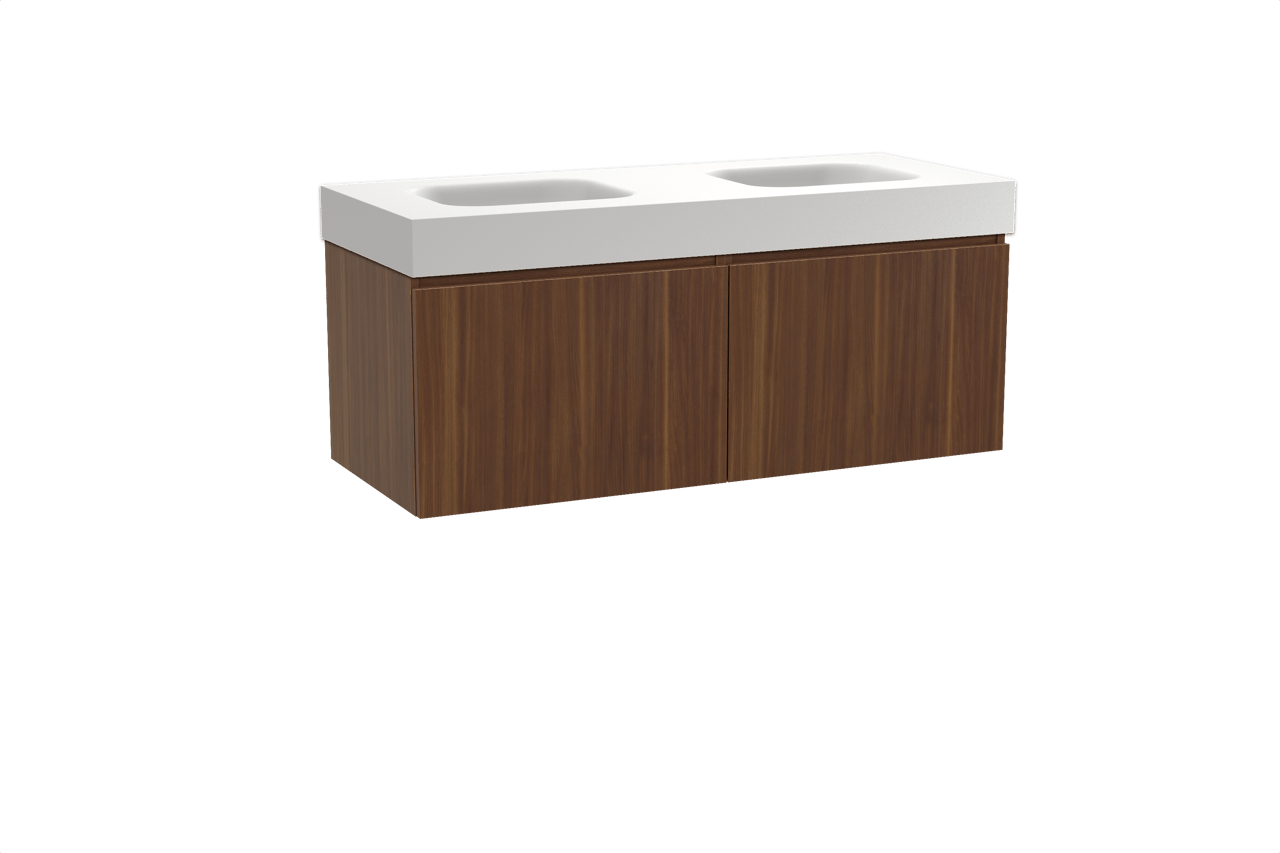 Balmani Sfera meuble salle de bains suspendu 135 x 55 cm noyer américain avec Arcato double vasque en solid surface blanc mat