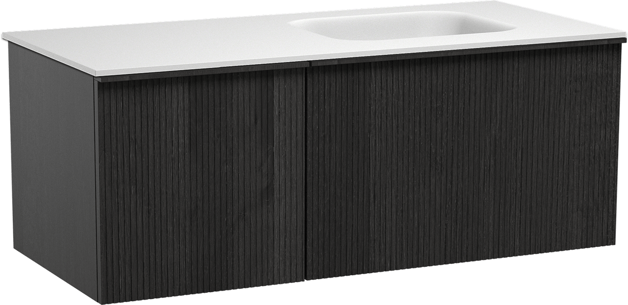 Balmani Forma hängendes Möbelstück Set: 120 x 55 cm, Schwarze Eiche, mit Tablo Arcato Waschtisch rechts, Solid Surface, Weiß matt, Vertikale symmetrische gerade Rippe