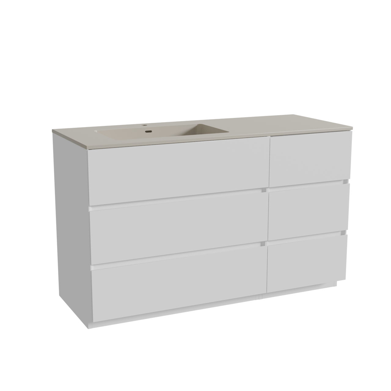 Storke Edge freistehendes Möbelstück Set: 130 x 52 cm, Weiß matt, mit Diva Waschtisch links, Top Solid Seidengrau