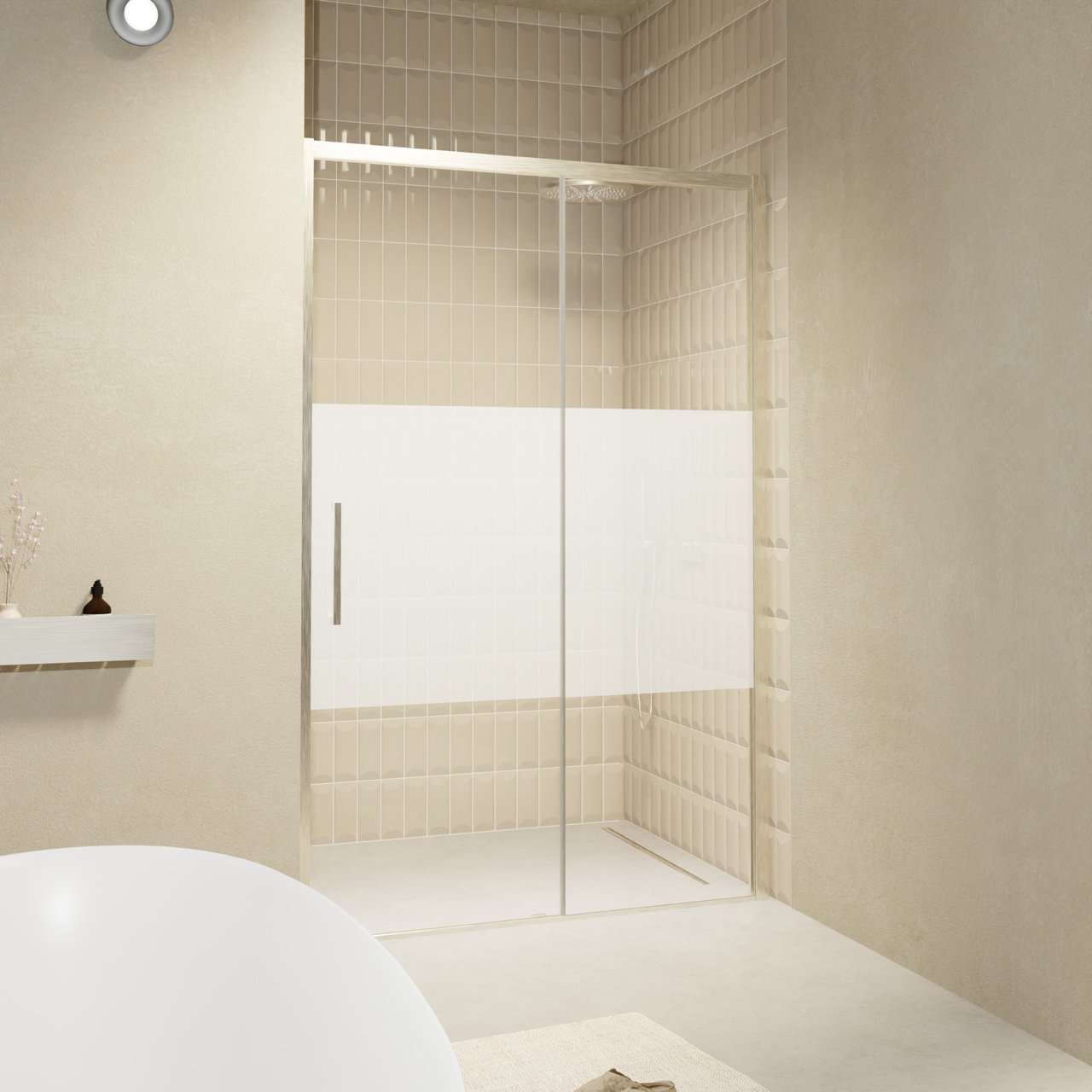 Balmani Senses Design porte coulissante à droite 120 cm x 210 cm verre transparent avec bande matte, Profil Brushed CoolMetal, coating inclus