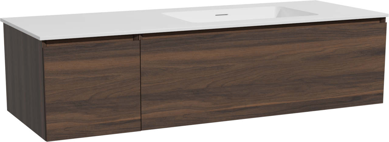 Storke Edge hängendes Möbelstück Set: 140 x 52 cm, Nussbaum, mit Mata Waschtisch rechts, Solid Surface Weiß matt