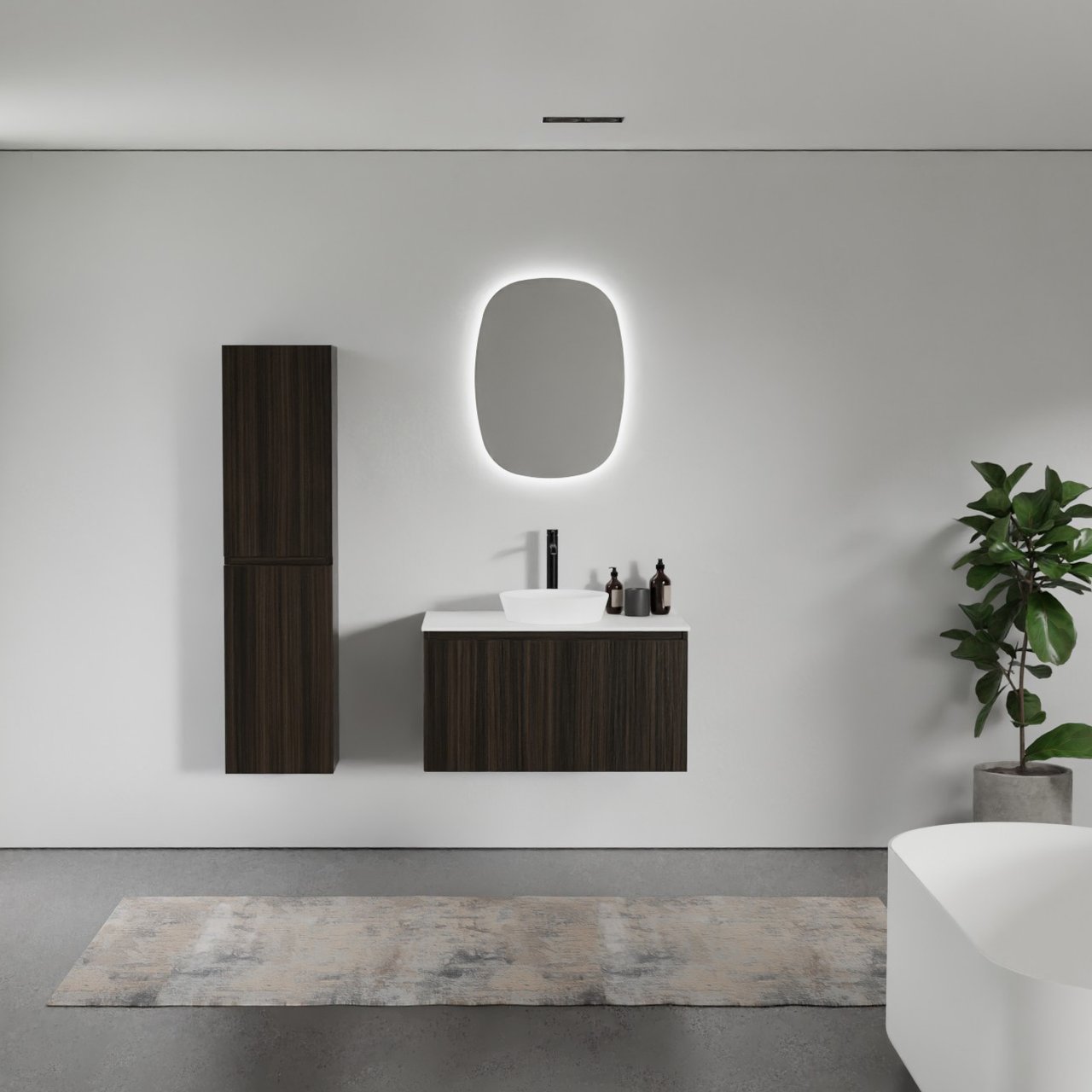 Balmani Sfera zwevend badmeubel 90 x 55 cm eucalyptus met Stretto enkel wastafelblad in solid surface mat wit