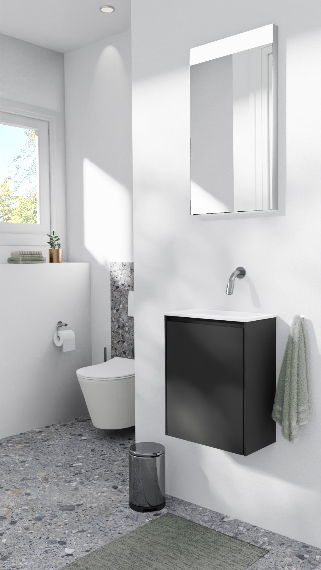 Storke Edge zwevend toiletmeubel 40 x 22 cm mat zwart met Fina wastafel in matte Solid Surface